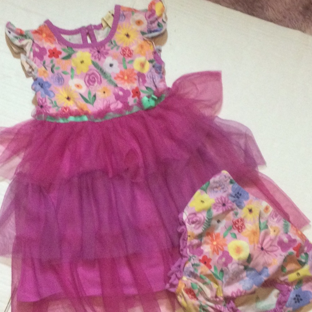 Floral Purple Tulle Kids Costume Dress with Matching Bloomers
